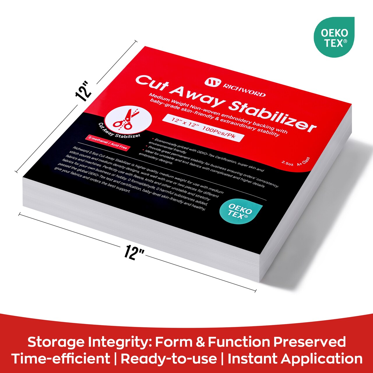 Richword Selected Cut Away Embroidery Stabilizer for Knits, 2.5 oz Medium Weight Permanent Anti-Pucker Backing, 9 x 9 in Sheets (4x4 & 6x6 Hoops), 12 x 12 in Sheets (5x7 & Larger Hoops), 12 in x 25 yd & 50 yd Rolls for Hoodies, Fleece & Babywear